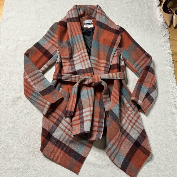 Chicwish Wool Blend Orange Teal Brown Plaid Wrap Coat S - Picture 2 of 8